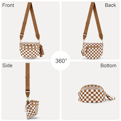 Checkered Crossbody Bags for Women, Large Nylon Bum Bags - color: Brown Checkered