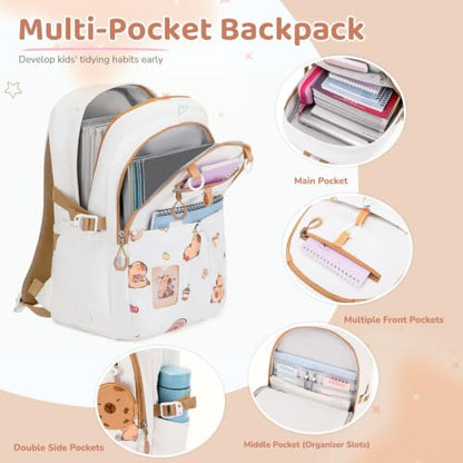 DIGOBAY Backpack for Girls, 5PCS School Bookbag with Lunch Box Pencil Case - color: White Brown
