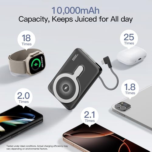 2026 Updated M3 Ultra Slim 0.4'' Wireless Power Bank with Built in Cable - color: Black