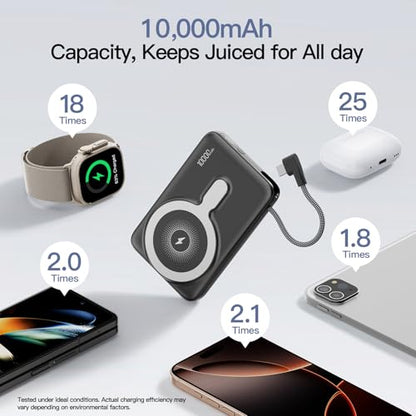 2026 Updated M3 Ultra Slim 0.4'' Wireless Power Bank with Built in Cable - color: Black