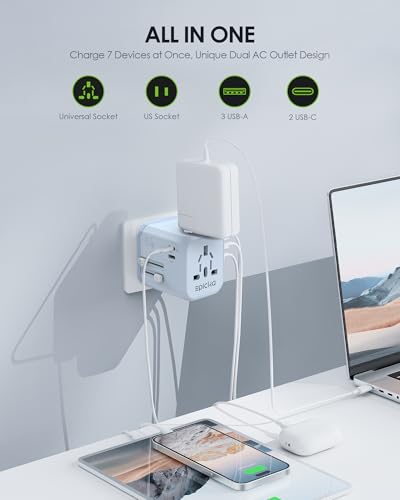 EPICKA PD 35W Universal Travel Adapter, 2AC/2USB-C/3USB-A - color: Blue