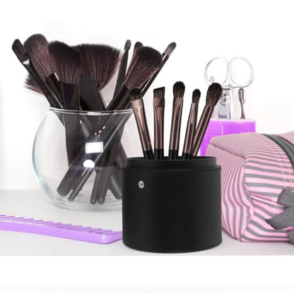 Ipetboom Portable Makeup Brush Holder with Lid: 20.1X13.2X13.2cm/7.9X5.2X5.2in PU Leather Case Cosmetic Storage Bucket for Women Black