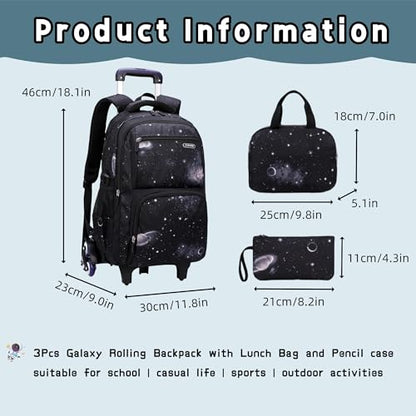 3Pcs Galaxy Boys Rolling Backpack Set with Lunch Bag, Galaxy Print Kids Backpack for Boys with Wheels - color: 3pcs-galaxy-black+blue