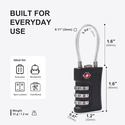 Suitcase Locks TSA Approved, 3 Digit Combination Padlock, TSA Locks for Luggage, Combo Padlock with Code, for Backpack, Gym Locker, Guitar Gun Case, Bag Zipper, Ammo Can, Tool Box (Black) - color: Black
