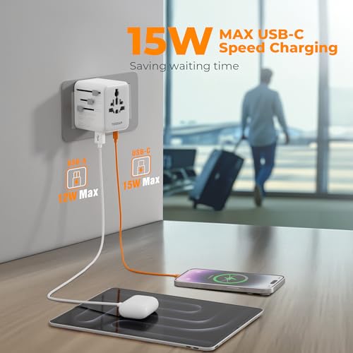 TESSAN Universal Travel Adapter 28W, International Power Adapter - color: Grey white