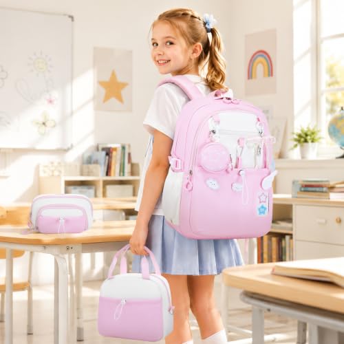 DIGOBAY Backpack for Girls, 5PCS School Bookbag with Lunch Box Pencil Case - color: Pink