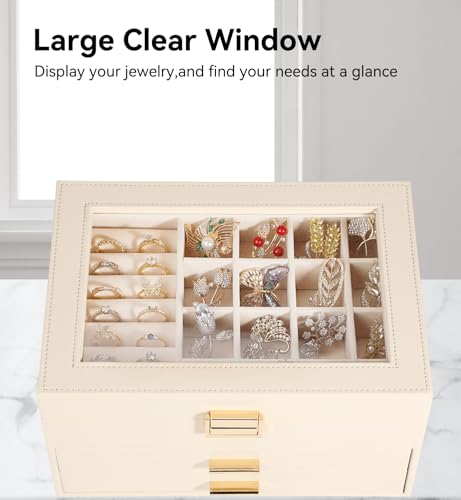 Voova 3-Layer PU Leather Jewelry Box with Glass Lid, Apricot - color: Apricot three-layer, size: 3 Layer