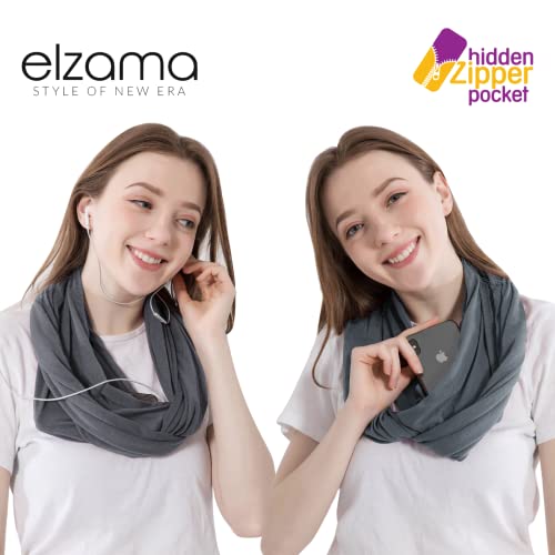 elzama Infinity Loop Solid Color Scarf With Hidden Zipper Pocket For Women - Lightweight Travel Neck Wrap - color: 02-melange Grey