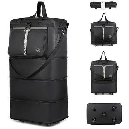 Expandable Travel Duffel Bag with Wheels, 42 Inch Large Collapsible Luggage, 5pcs 360° Spinner Wheels, Waterproof Oxford Cloth, Foldable Suitcase with Shoulder Strap for Men & Women, Black - color: Black