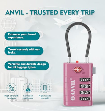 ANVIL TSA 승인 수하물 잠금 장치, 검색 경고 표시기 포함, 4자리 조합 여행 가방 잠금, 고급 TSA008 코어 튼튼한 도난 방지 여행용 잠금 장치, 이중 지퍼, 백팩, 로즈 퍼플, 모던. - color: 로즈 퍼플