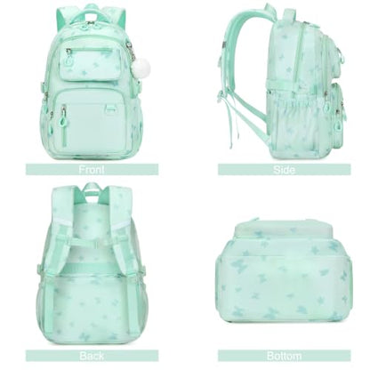 Bevalsa Backpack for Girls Backpack for School with Lunch Bag Pencil Case - color: Green Butterfly
