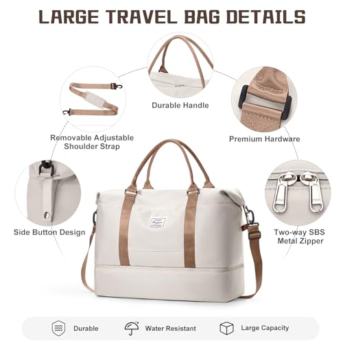 Travel Duffel Bag with Shoes Compartment,Weekender Bags for Women Travel - color: Beige & Brown, size: Extra Large
