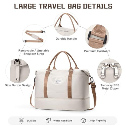 Travel Duffel Bag with Shoes Compartment,Weekender Bags for Women Travel - color: Beige & Brown, size: Extra Large