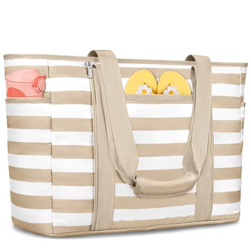 Extra Large Beach Bags for Women Waterproof Sandproof Beach Tote Bag - color: Khaki White