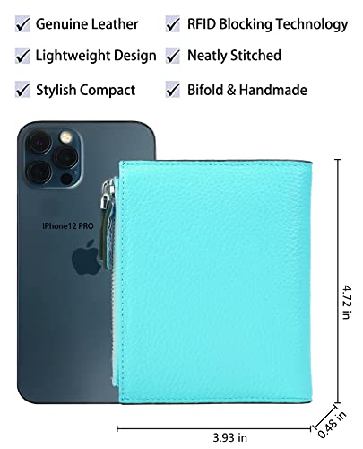 Women's RFID Blocking Leather Small Compact Bi-fold Zipper Pocket Wallet Card Case Purse with id Window - color: Lichee Sea Blue