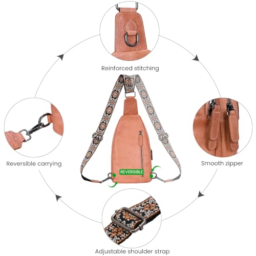HESHE Leather Sling Bag for Women RFID Crossbody Purse Fanny Pack Chest Bag - color: Pink