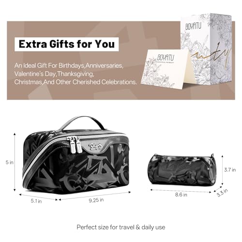 BOYATU Makeup Bag, Makeup Organizer, Toiletry Travel Bag for Women - Black | 3 Pcs Vegan Leather Cosmetic Bag with Compartments - Waterproof Large Capacity Toiletry Bag - 180° Open-Flat Makeup Organizer - color: D-2-Black