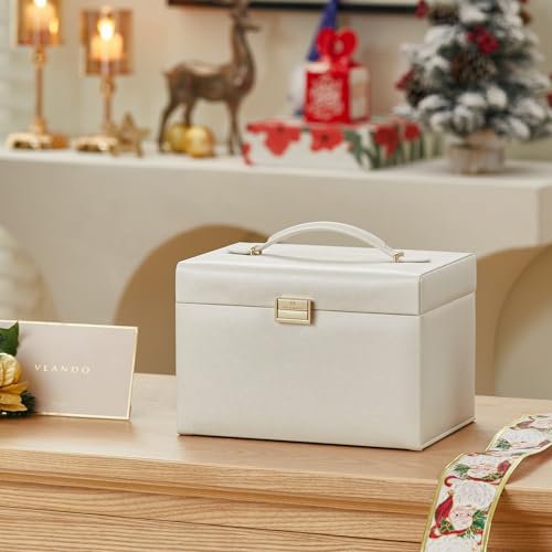 VLANDO Jewelry Boxes & Organizers with Mirror and 3 Drawers,White - color: A.White