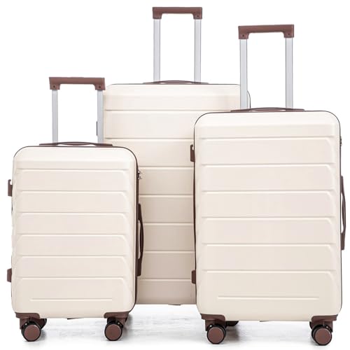 Luggage 3 Pcs Sets ABS Hardside Luggage Set Spinner Wheel Suitcase - color: Brown/Ivory, size: 20/24/28 Inch