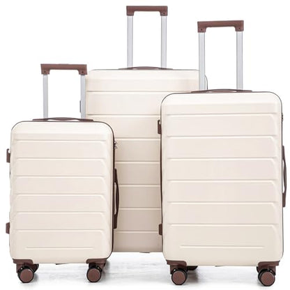 Luggage 3 Pcs Sets ABS Hardside Luggage Set Spinner Wheel Suitcase - color: Brown/Ivory, size: 20/24/28 Inch