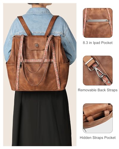 FADEON Large Laptop Tote Bag for Women Designer Leather Laptop Bag, 15.6in - color: Beige Contrast Brown