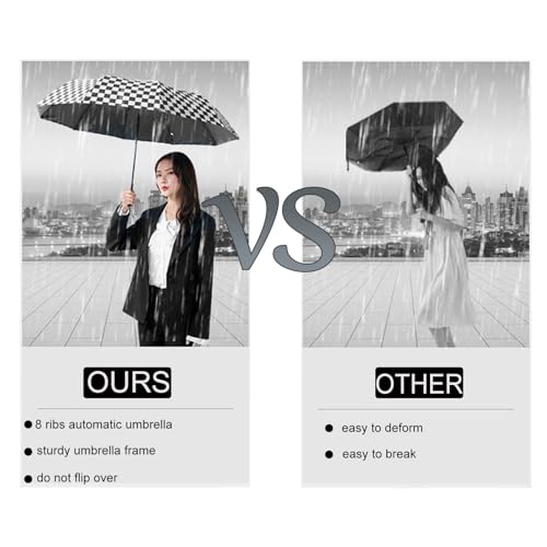 Checkered Automatic Compact Umbrella Windproof Waterproof Umbrellas for Rain and Sun, UV Protection Folding Travel Umbrella - color: black