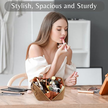 ALEXTINA Travel Makeup Bag, Checkered PU Leather Cosmetic Bag, Brown - color: brown, size: Medium