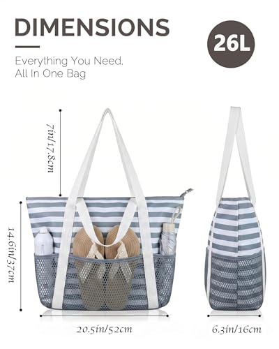 HOMESPON Beach Bag Large Waterproof Sandproof Tote for Women with Zipper and Mesh Pockets - color: Gray Stripes, size: Medium