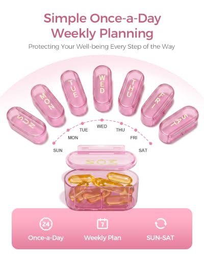 Daviky Weekly Pill Organizer with Large Capacity, 7 Day Pill Case 1x a Day - color: Pink Purple