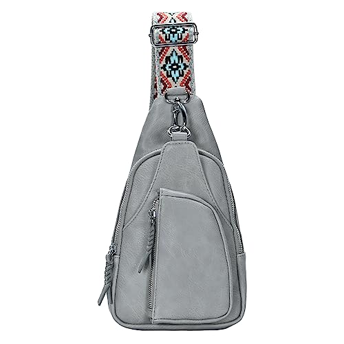 MMS Brands Antik Kraft Tasha Webbing Strap Sling | Vegan Leather Crossbody Sling Bag for Women with 16-20" Strap | - color: Grey