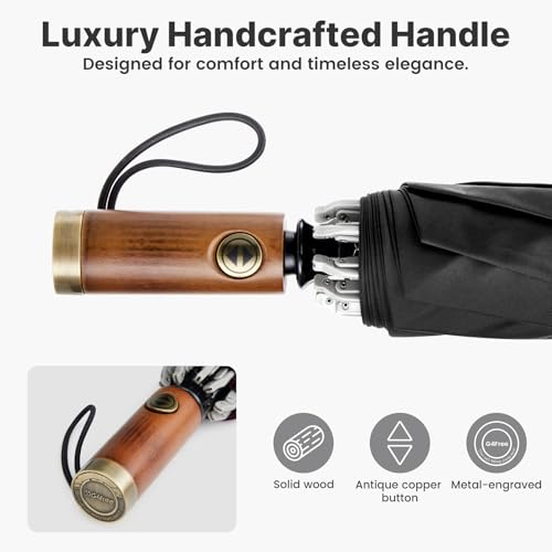 G4Free 54 Inch Inverted Windproof Umbrella with Wooden Handle Rain Umbrella - color: Black