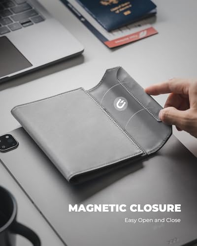 VULKIT RFID Blocking Leather Passport & Card Holder, Dual Person Travel Passport Wallet with Secure Magnetic Closure, Grey - color: Grey