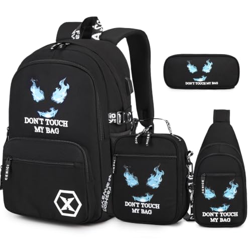 Backpack for Boys, 4PCS Cool Luminous Boy Backpack with Lunch Box | Sling Bag & Pencil Case for Kids, Bookbag for Boys Teens Elementary Middle School Students, Schoolbag Glow In The Dark - color: Black Flame