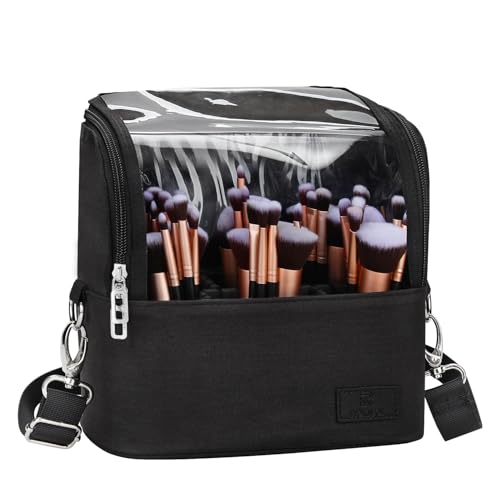 Makeup Brush Bag, Stand-up Makeup Brush Holder with Adjustable Divider - color: A1-Black, size: 1-Large