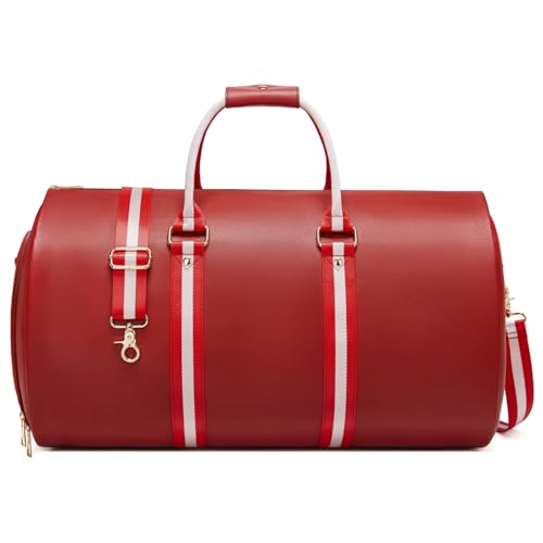 Leather Garment Bags for Travel, Convertible Carry on Garment Duffel Bag for Women, 2 in 1 Waterproof Foldable Travel Suit Bag with Shoulder Strap Weekender Bag with Shoe Pouch, Red - color: A-Red