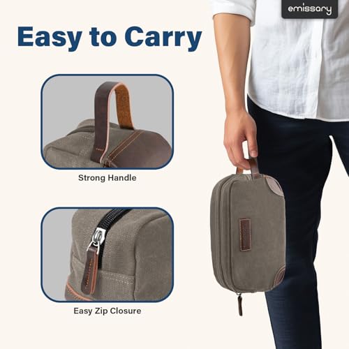 emissary Men's Canvas Travel Toiletry Bag, Leather Dopp Kit - Light Gray - color: Light Gray