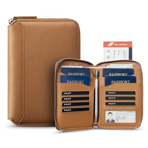 VULKIT Leather Passport Holder for 4-8 Passports Family RFID Blocking Passport Wallet with Zipper Travel Documents Organizer for Men or Women (Brown) - color: Brown