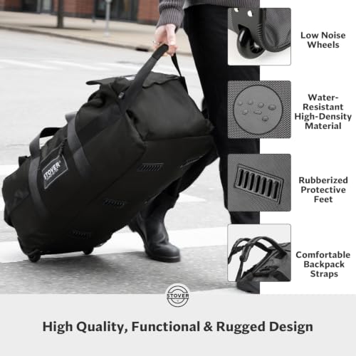 STOVER 45/80/100L Rolling Duffel Bag with Wheels, Large Durable Travel Duffle + Toiletry Bag, Heavy Duty, Packable with Shoulder Straps- Use as Luggage or Backpack, Men/Women (Black) - color: Black