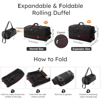 32 Inch Wheeled Foldable Duffle Bag, Large Capacity Rolling Bag | Waterproof premium oxford fabric,110L expandable to 140L,multi handles,all-terrain wheels,collapsible with storage pouch - color: Black-Red
