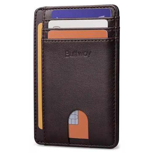Buffway Slim Minimalist Front Pocket RFID Blocking Leather Wallets for Men and Women - Pebble Brown - color: Pebble Brown