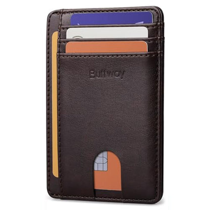 Buffway Slim Minimalist Front Pocket RFID Blocking Leather Wallets for Men and Women - Pebble Brown - color: Pebble Brown