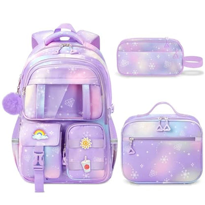 School Backpack for Girls - 5pcs Cute Girls Backpack with Lunch Box for Teens Kids Elementary Middle School - 17″ Students Bookbag Travel Back Pack for Age 6-18 - color: Tm-diamond Purple-backpack Set