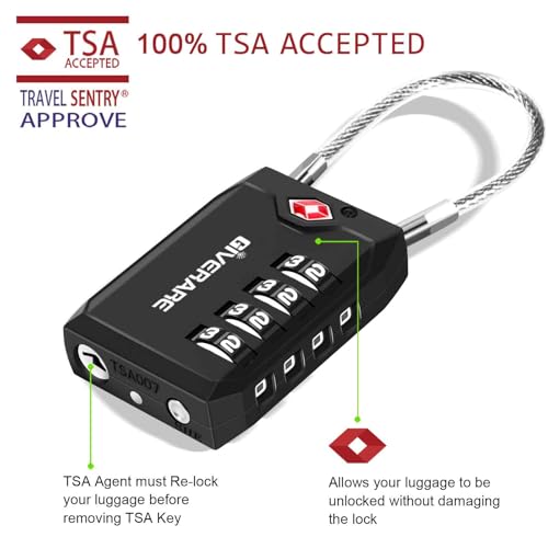 2 Pack TSA Approved Travel Luggage Locks, 4-Digit Cable Combination Suitcase Lock, Metal Alloy Padlocks, Weatherproof Padlock for Locker, Bag, Gun Case, Backpack, Anti Theft, Easy Read Dials-Black
