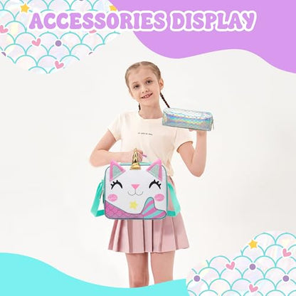 Meetbelify Backpack with Wheels for Girls Rolling Backpack Cute Carry on Backpack for Elementary Student - color: White Cat Mermaid