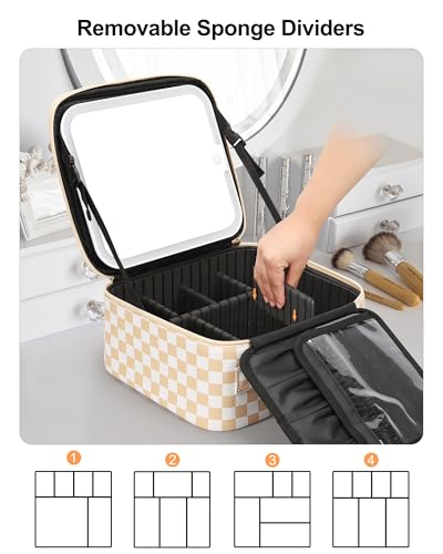 Relavel Travel Makeup Bag With LED Mirror, Cosmetic Train Case with Handle - color: 01-Plaid, size: 1-Small