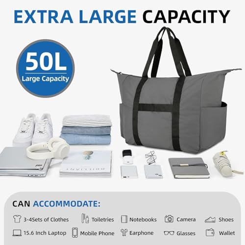 Uarition 50L Foldable Duffle Bag, Lightweight Travel Duffel Bag with Tear Resistant for Men Women, gray