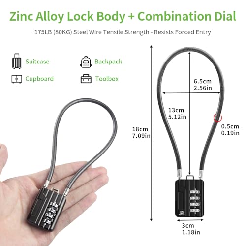 4-Digit Combination Cable Lock, Resettable 12" Flexible Steel Padlock for Luggage, Locker, Suitcase, Cabinet, Toolbox, Helmet – Black