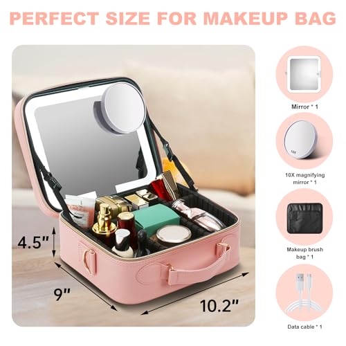 Mocado Travel Makeup Bag with Mirror Makeup Case with 8 Makeup Brushes - color: Pink With Brushes
