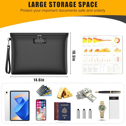 5200℉ Fireproof Document Bag with Lock,Money Pouch,14.6"x10.5" - color: Black, size: 14.6"x10.5"