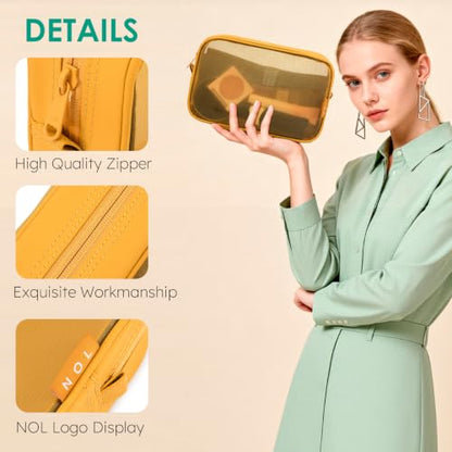 NOL Makeup Bag 4 PCS Set, Mesh Cosmetic Bag with Smooth Zipper, Clear Travel Toiletry Bag, Portable Organizer Pouch, Earth-Yellow See Through Case for Skincare Brushes - color: Earth-yellow